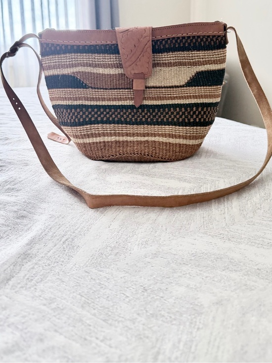Handbags - Leather-Trim Woven Crossbody Bag in Brown and Black